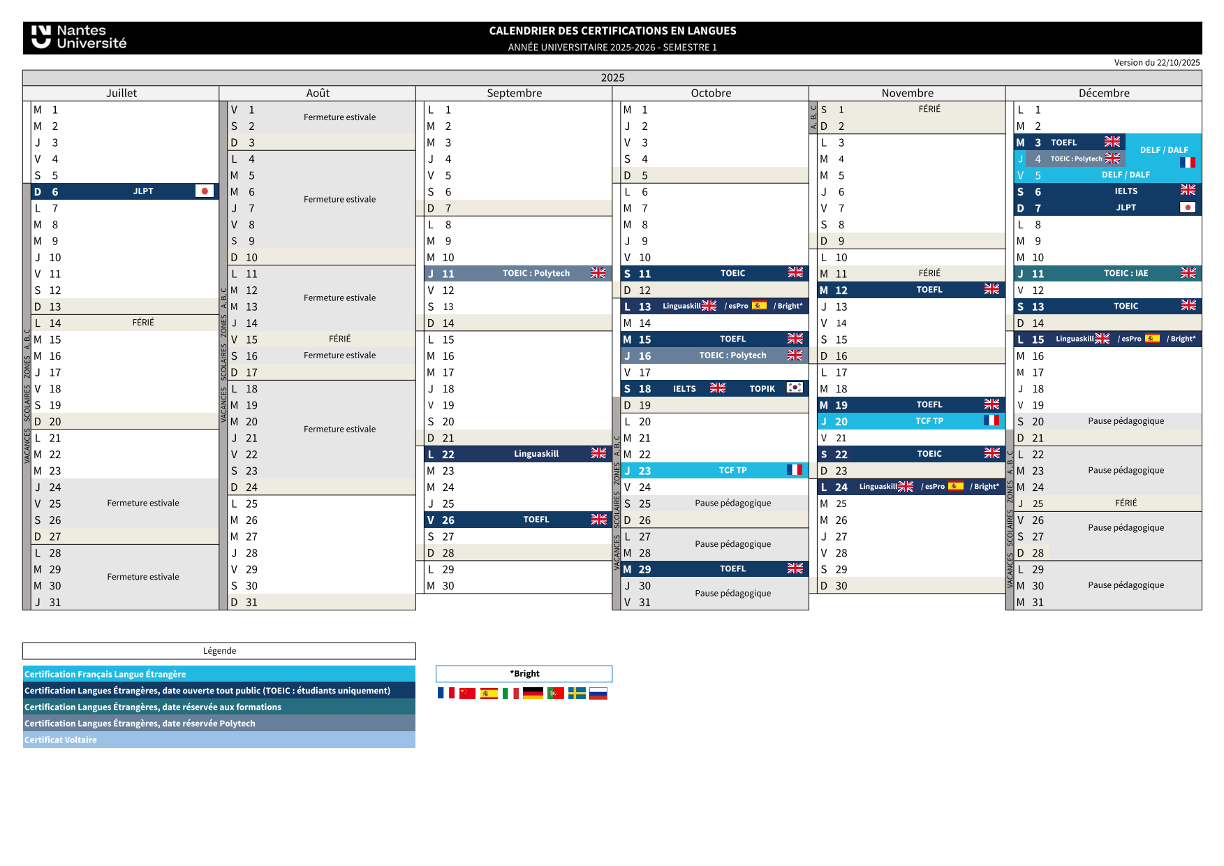 Calendrier 2025-2026 semestre 1